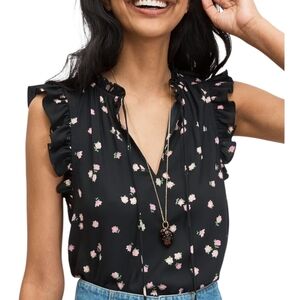 Kate Spade Ditsy Begonia Tie Neck Shell Size Medium in Black Pink Floral